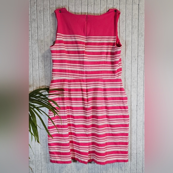 Lands’ End Women’s 16 Sleeveless Stripe Sheath Dress Pink White Pockets - Picture 2 of 2